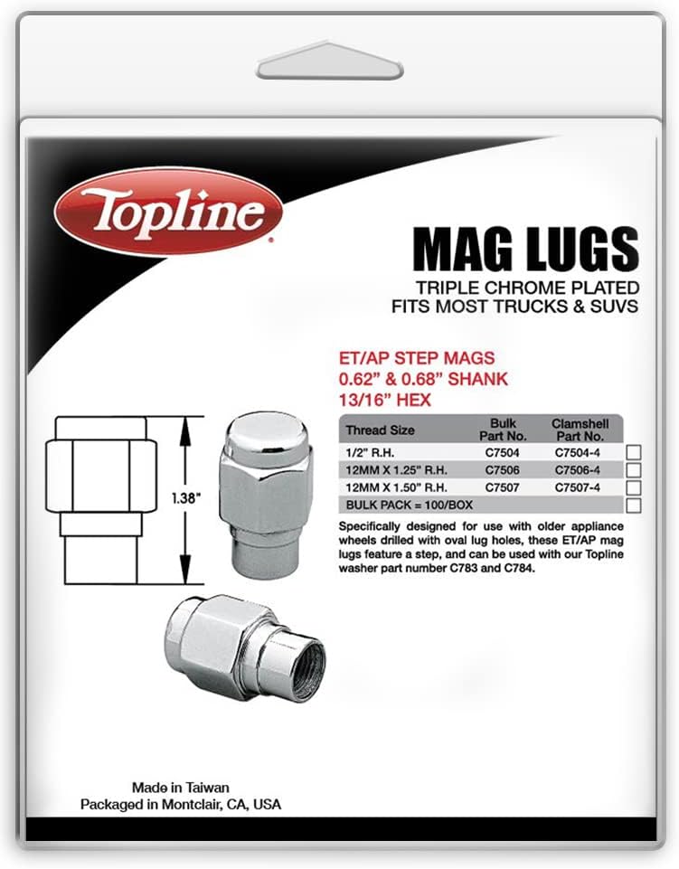 מוצרי Topline C7506-4P | Premim Chrome ET/AP Step Mag Lugs עם 0.62 ו- 0.68 Shank | 12x1.25 R.H. גודל חוט | 13/16